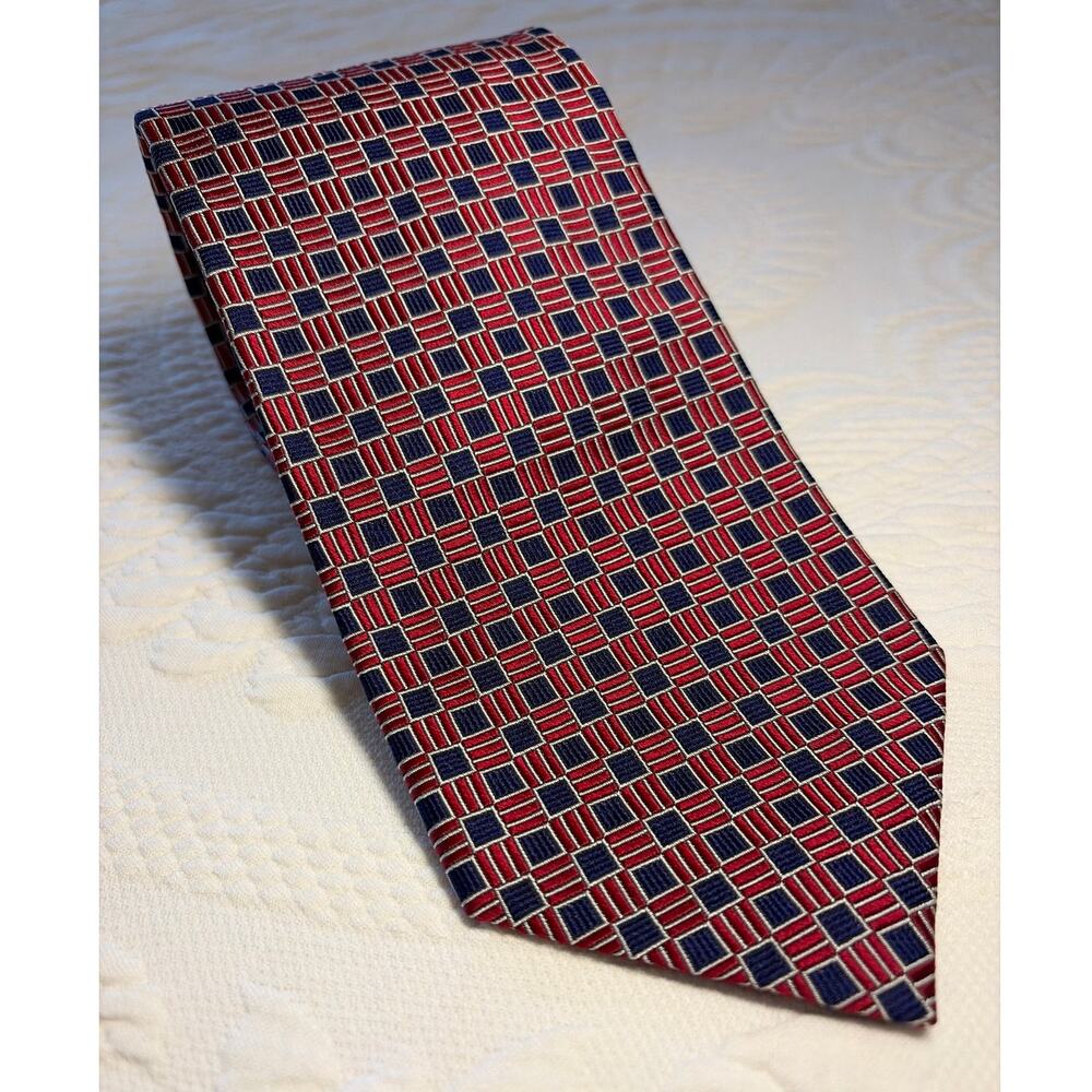 Jos A Bank 100% Silk Tie Red Blue Geometric Check Squares Made USA Wide Vintage